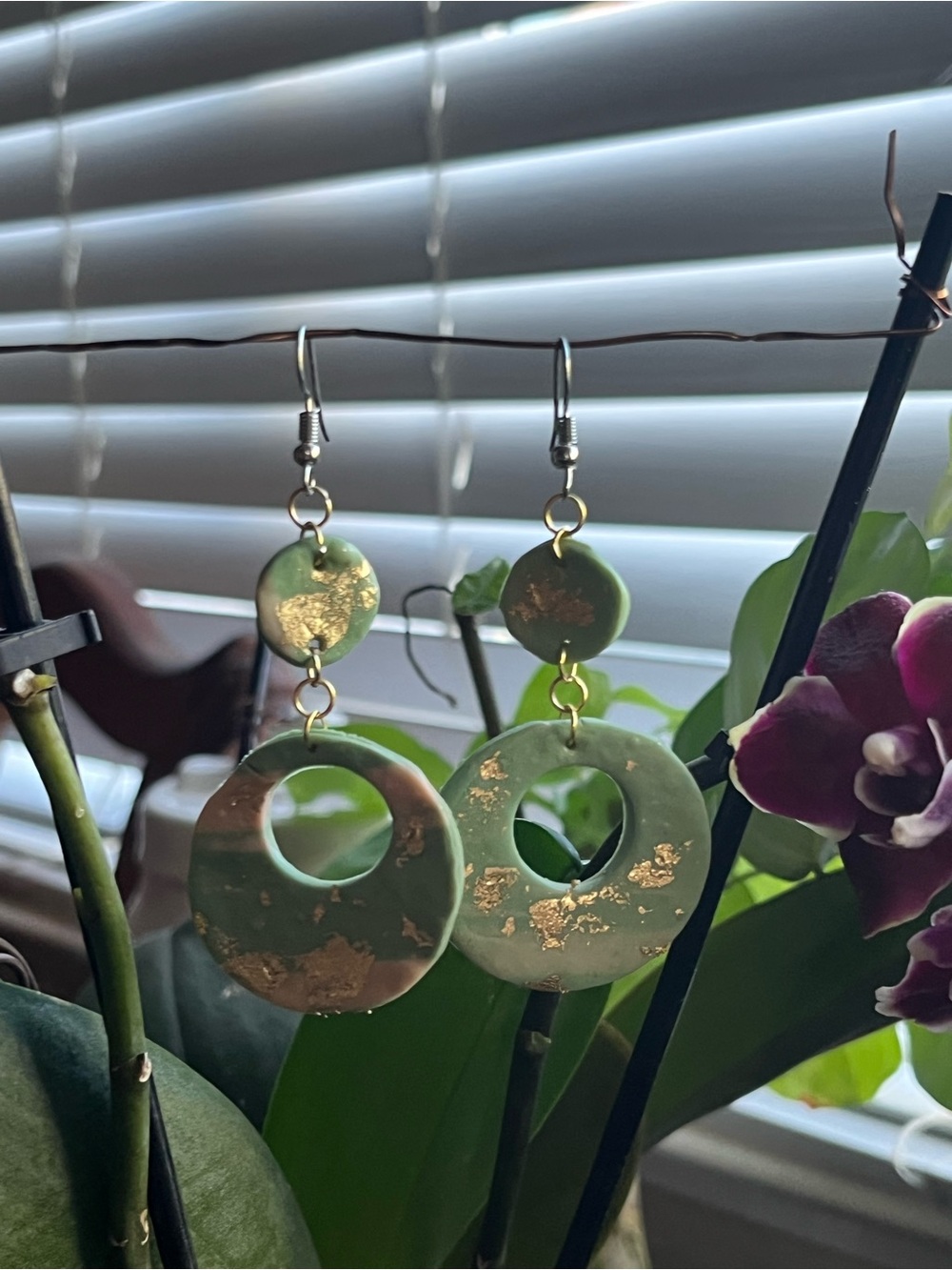 Gold-Accented Green Circular Drop Earrings - Women Jewelry. Polymer clay